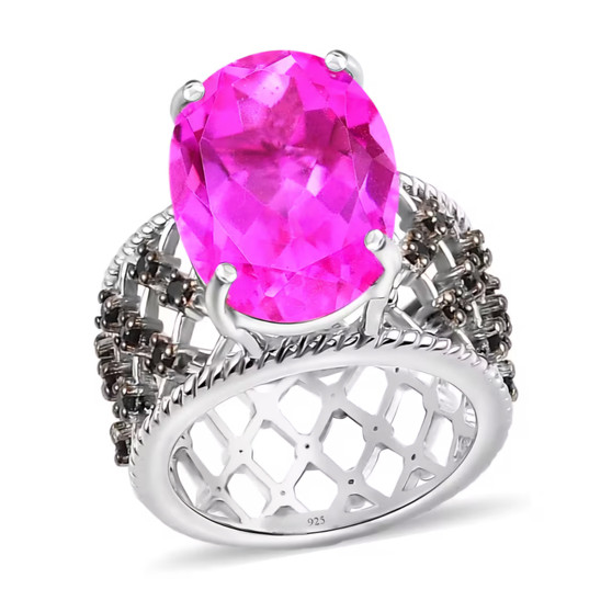 pink quartz triplet and black spinel solitaire ring in rhodium over sterling silver