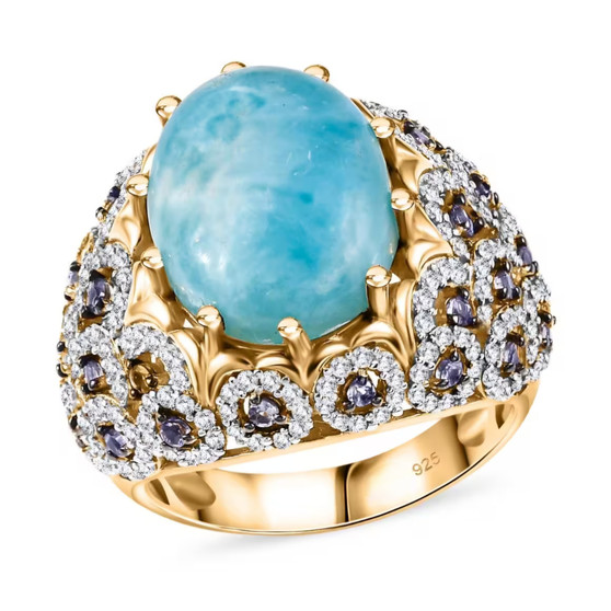 larimar tanzanite and zircon statement ring in 18k yellow gold over sterling silver
