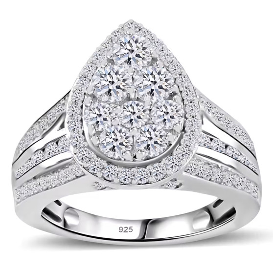 lab diamond pear cluster halo bridge ring in rhodium over sterling silver