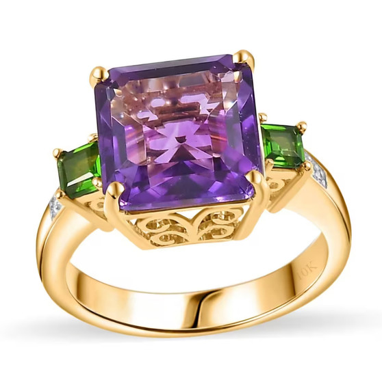 amethyst and chrome diopside with diamond ring 10k yellow gold front