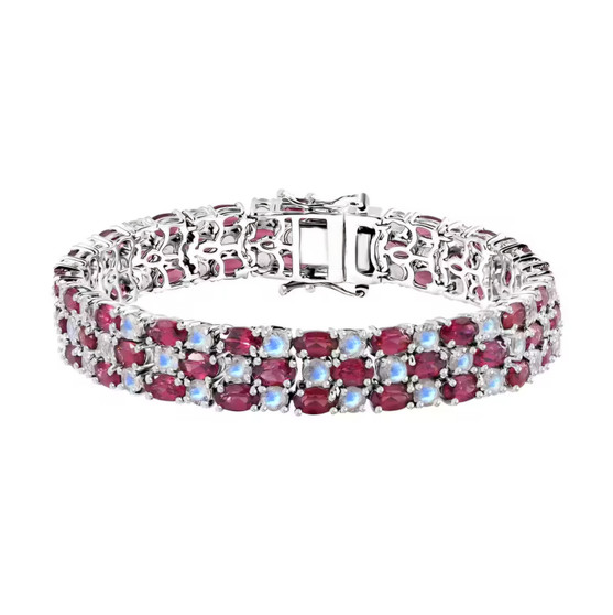 rhodolite garnet and rainbow moonstone tennis bracelet in rhodium over sterling silver