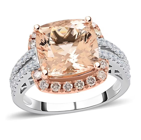 morganite pink and white diamond cushion halo ring in solid 14k rose and white gold