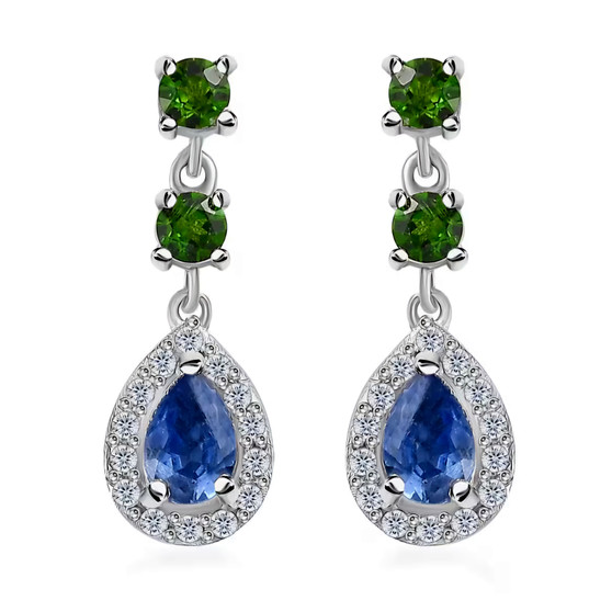 blue kyanite chrome diopside and zircon earrings in rhodium over sterling silver