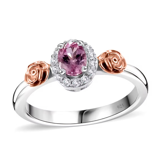 pink spinel and white zircon halo rose ring in 18k rose gold and rhodium over sterling silver