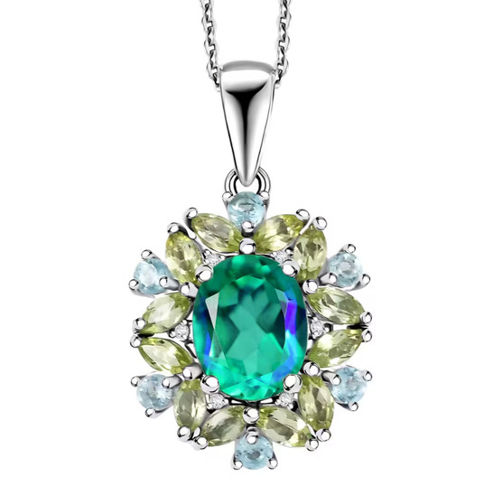 blue and green quartz triplet peridot apatite and zircon pendant necklace in rhodium over sterling silver