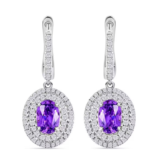 purple sapphire and diamond double halo earrings in 18k white gold