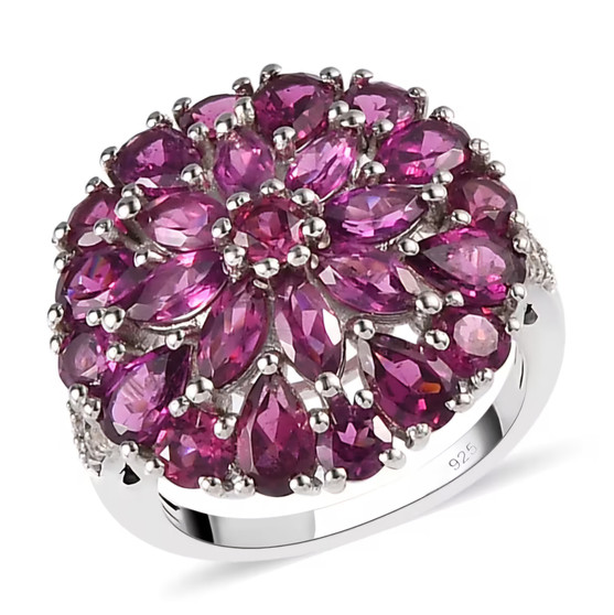 rhodolite garnet and white zircon cluster ring in rhodium over sterling silver