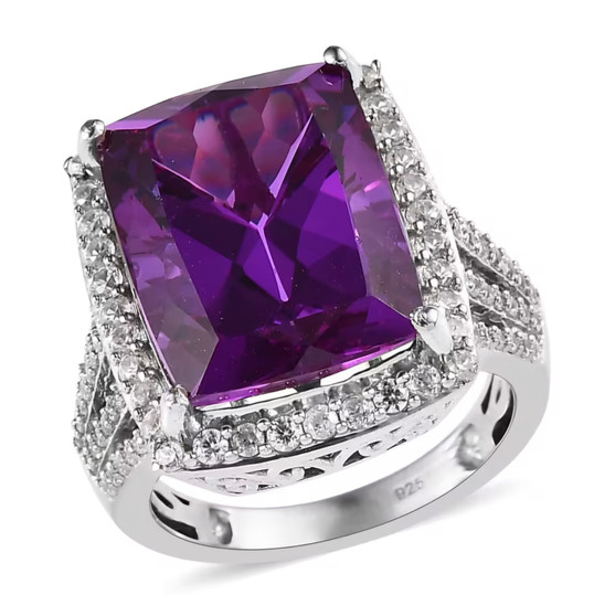 lab color change sapphire and zircon halo ring in rhodium over sterling silver