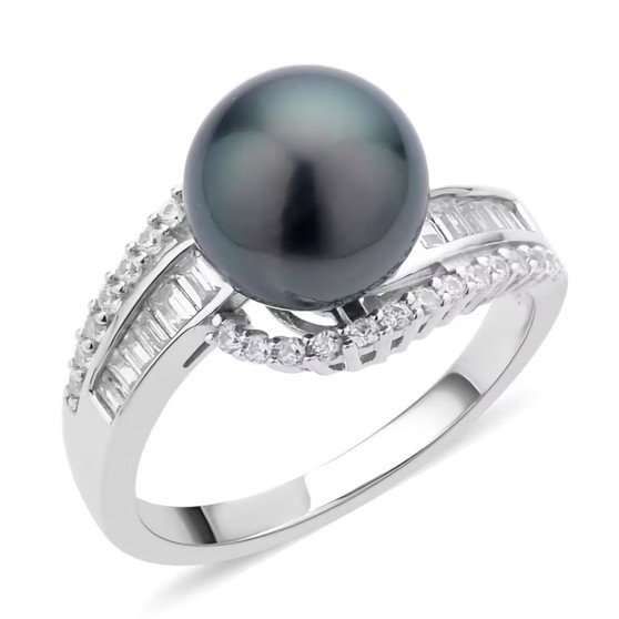 tahitian cultured pearl and zircon bypass ring in rhodium over sterling silver