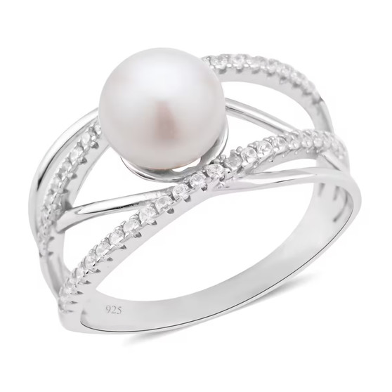 front view of white freshwater pearl and cz crossover band ring in rhodium over sterling silver