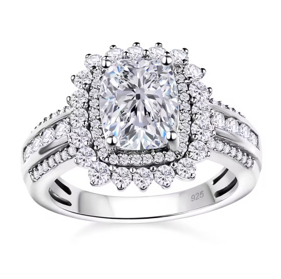 moissanite cushion double halo ring in rhodium over sterling silver