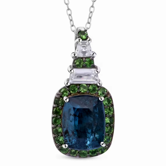 kyanite tsavorite garnet and zircon pendant necklace in rhodium over sterling silver