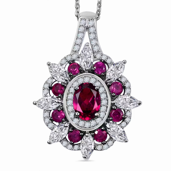 rhodolite garnet and moissanite halo pendant necklace in rhodium over sterling silver