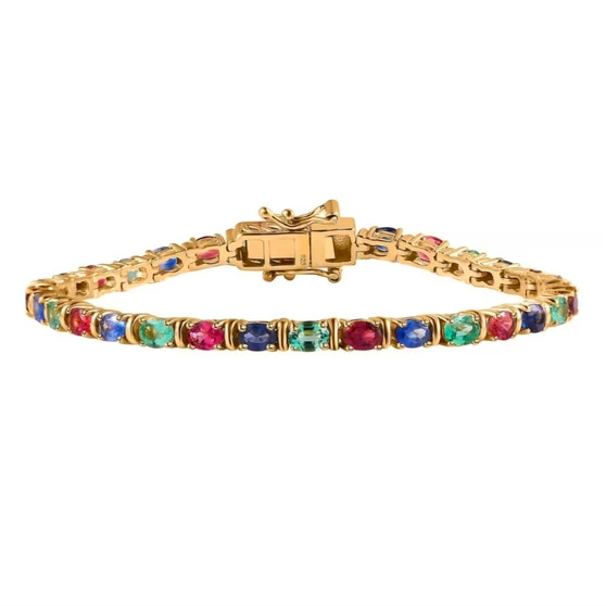 sapphire emerald and rubellite tourmaline tennis bracelet in 18k yellow gold over sterling silver