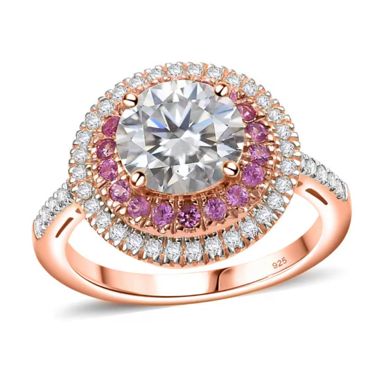 moissanite and pink sapphire halo ring in 18k rose gold over sterling silver
