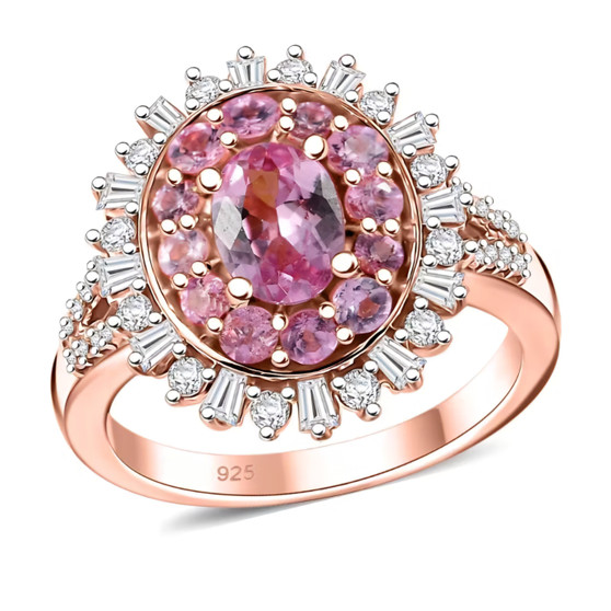 pink spinel and moissanite double halo ring in 18k rose gold over sterling silver