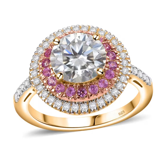 moissanite and pink sapphire halo ring in 18k yellow gold over sterling silver