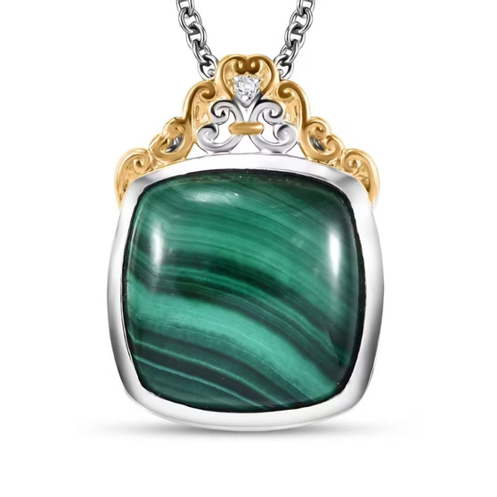 malachite and white zircon pendant necklace in two-tone 18k yellow gold and rhodium over sterling silver