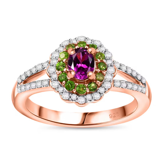 purple garnet chrome diopside and zircon halo ring in 18k rose gold over sterling silver