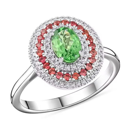 tsavorite garnet padparadscha sapphire and diamond halo ring in solid 950 platinum