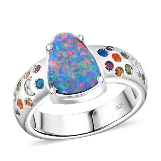 boulder opal triplet and multi gemstone ring in rhodium over sterling silver