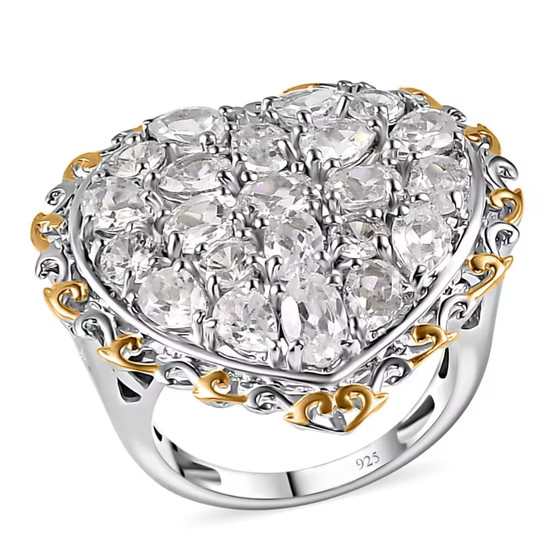 white zircon heart cluster ring in 18k yellow gold and rhodium over sterling silver