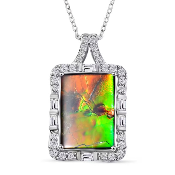 ammolite and white zircon halo pendant necklace in rhodium over sterling silver