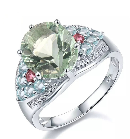 green fluorite apatite and tourmaline ring in rhodium over sterling silver