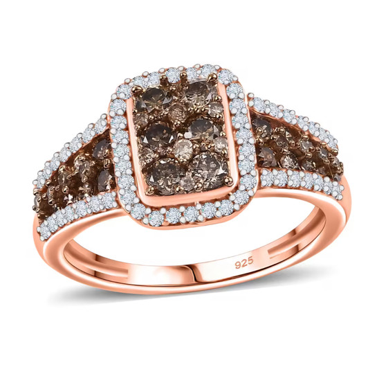 champagne and white diamond cluster halo ring in 18k rose gold over sterling silver