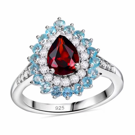 garnet blue apatite and zircon halo ring in rhodium over sterling silver