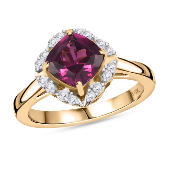front view of rhodolite garnet and diamond halo ring in 10k yellow gold