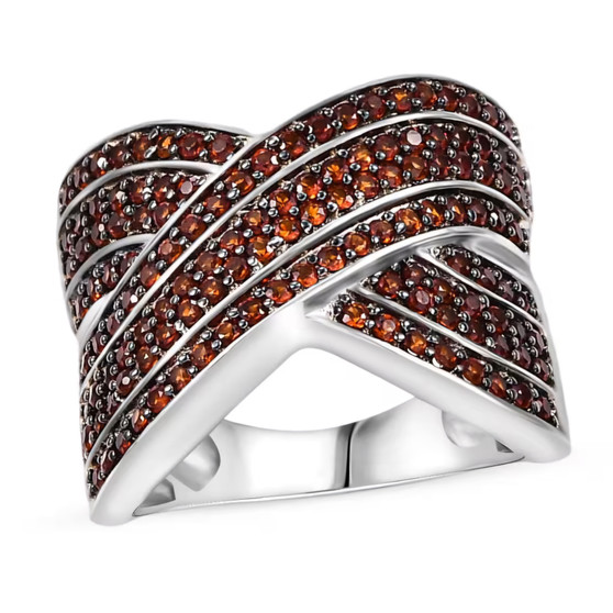 garnet cluster crossover ring in rhodium over sterling silver