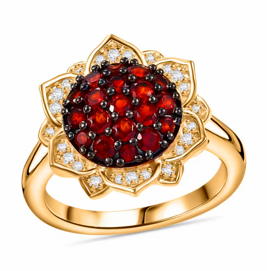 garnet and white zircon cluster ring in 18k yellow gold over sterling silver