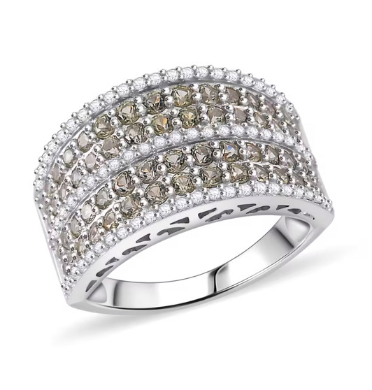 green sapphire and white zircon cluster band ring in rhodium over sterling silver