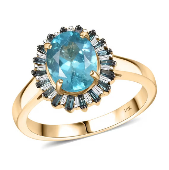 blue apatite blue and white diamond halo ring in 10k yellow gold front