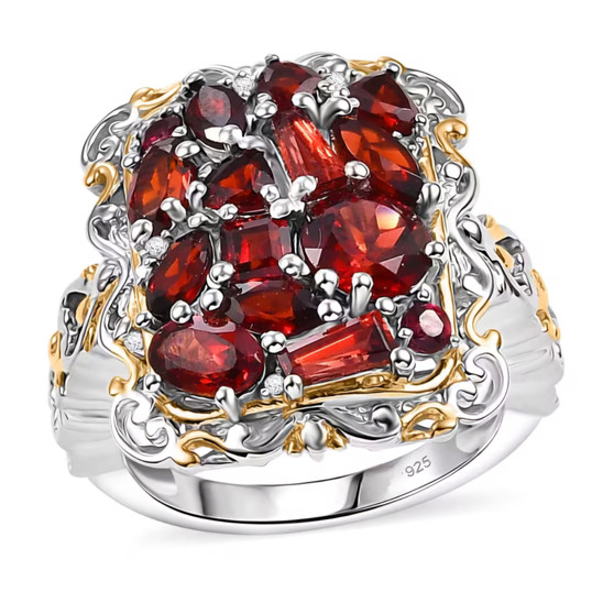 garnet and white zircon ring in 18k yellow gold and rhodium over sterling silver