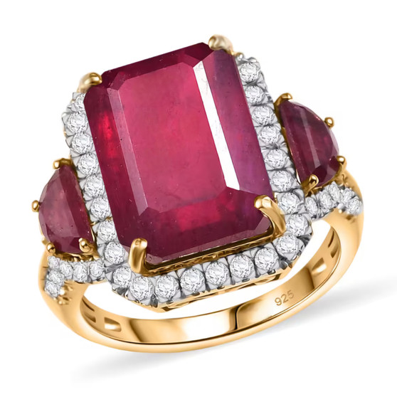 ruby (ff) and white zircon ring in 18k yellow gold over sterling silver