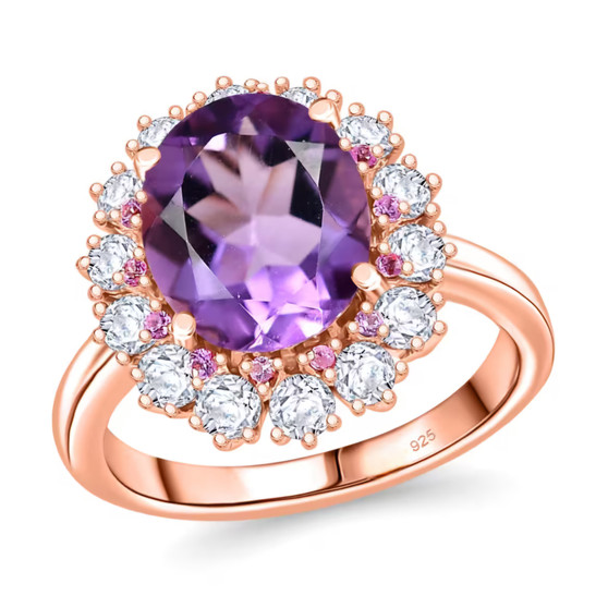 amethyst pink sapphire and moissanite halo ring in 18k rose gold over sterling silver