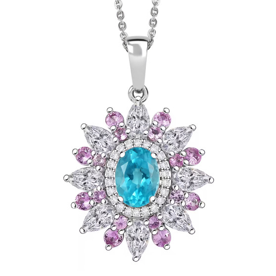 blue apatite moissanite and pink sapphire pendant necklace in rhodium over sterling silver