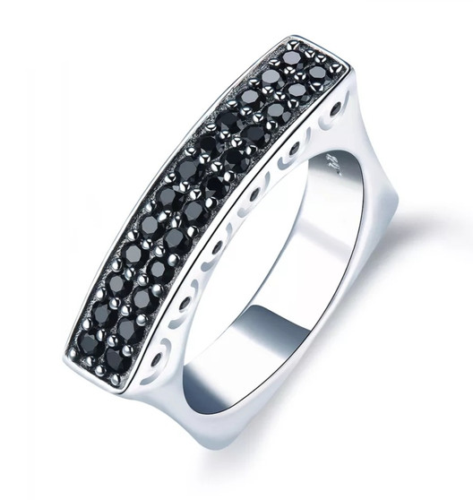 black spinel euro ring in rhodium over sterling silver