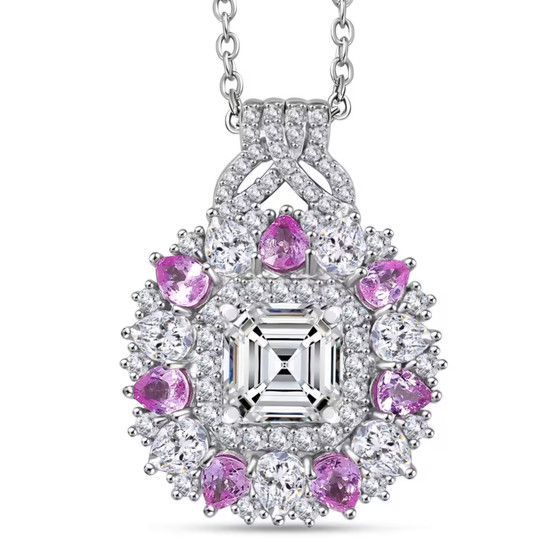 moissanite pink sapphire and pink sapphire pendant necklace in rhodium over sterling silver
