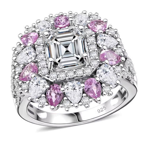 moissanite pink sapphire and pink sapphire ring in rhodium over sterling silver