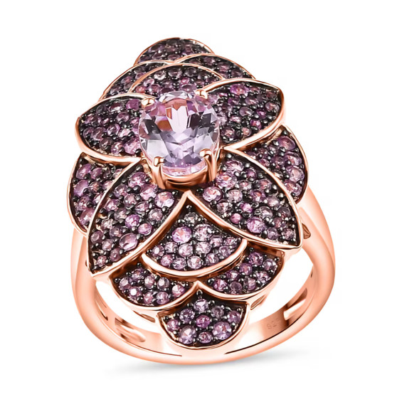 kunzite and pink sapphire elongated cocktail ring in 18k rose gold over sterling silver