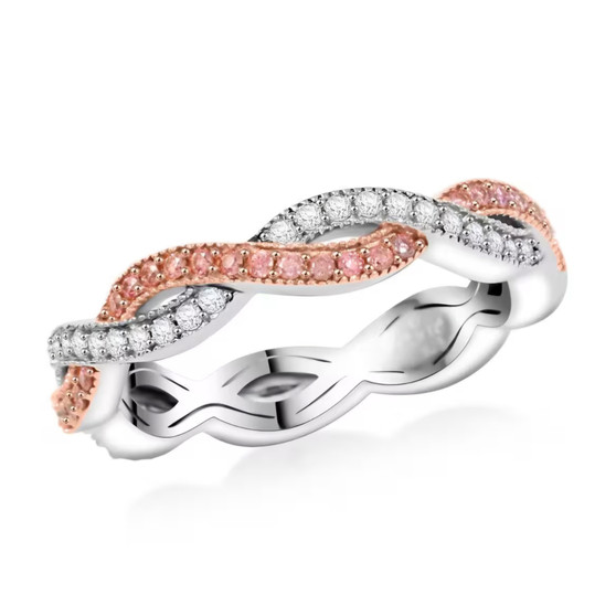 pink and white moissanite infinity band ring in 18k rose gold and rhodium over sterling silver