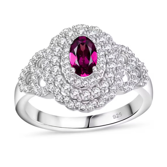 rhodolite garnet and moissanite ring in rhodium over sterling silver