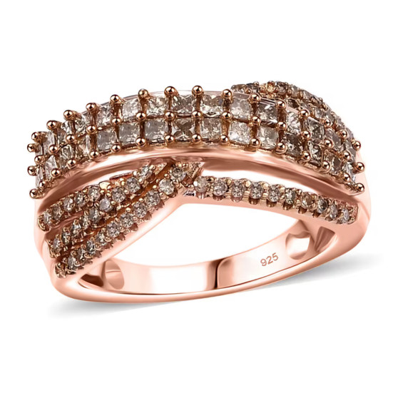 champagne diamond crossover band ring in 18k rose gold over sterling silver