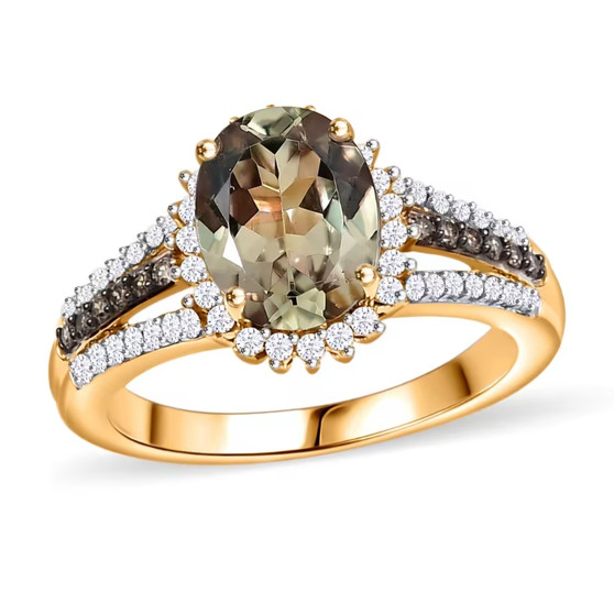 turkizite champagne and white diamond oval halo ring in solid 14k yellow gold