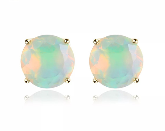 7mm round faceted ethiopian welo opal stud earrings in 14k yellow gold