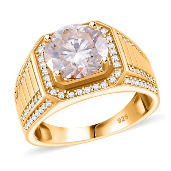 moissanite gents ring in 18k yellow gold over sterling silver