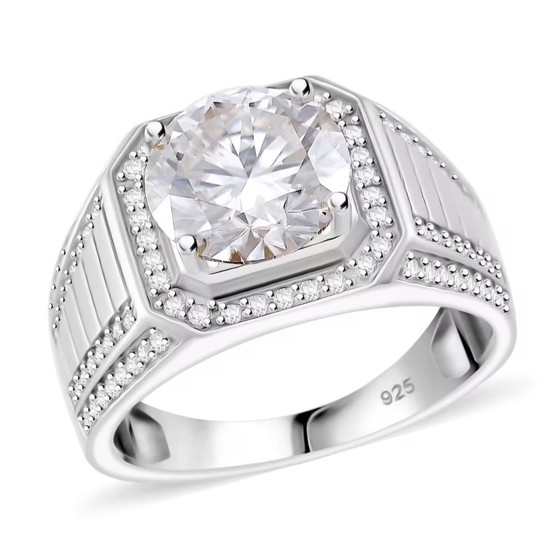 moissanite gents ring in rhodium over sterling silver